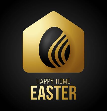 Luxury gold Happy Home Easter 2020 Card with Funny Vector Minimalist Icon. staying at home badge in Quarantine. COVID-19 Reaction.のイラスト素材
