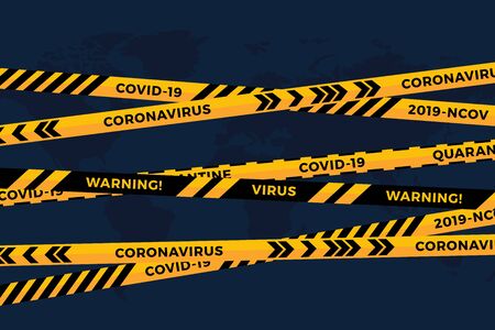 Vector biohazard danger yellow black tape on white paper cut world map background. Safety fencing ribbon. World quarantine flu. Warning danger influenza hazard. Global pandemic coronavirus COVID-19のイラスト素材