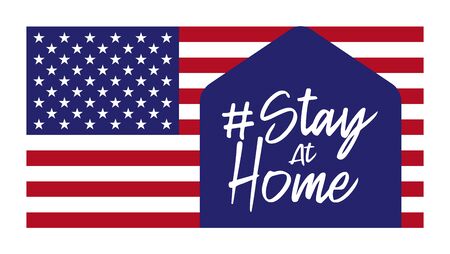 There a little house with a word Stay Home inside. It a sign following the COVID-19 campaign, stay at home campaign. The background is USA flag.のイラスト素材