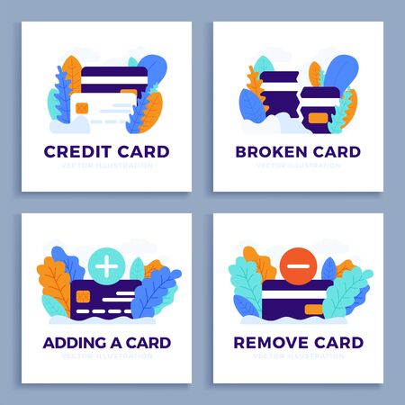 Set Credit Card Vector stock illustration for landing page or presentation. Plus, minus button, new and broken cardのイラスト素材