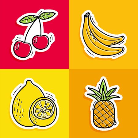 Stickers of hand drawn fruits in doodle style on pale background.Fruits collection.のイラスト素材