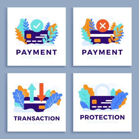 Set Credit card vector stock illustration for landing page or presentation. Accepted payment, Declined payment, transfer and protectionのイラスト素材