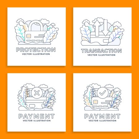 Set Credit card vector stock illustration for landing page or presentation. Accepted payment, Declined payment, transfer and protectionのイラスト素材