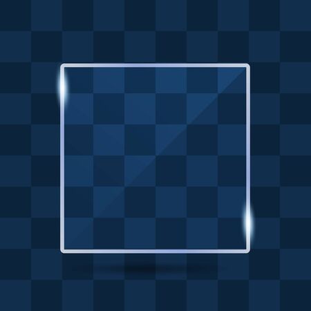 Transparent glass banner with reflection isolated on transparent background. Blank gloss glass plate. Realistic square glass frame. Square 3d shiny display mockup. Window design. Vectorのイラスト素材