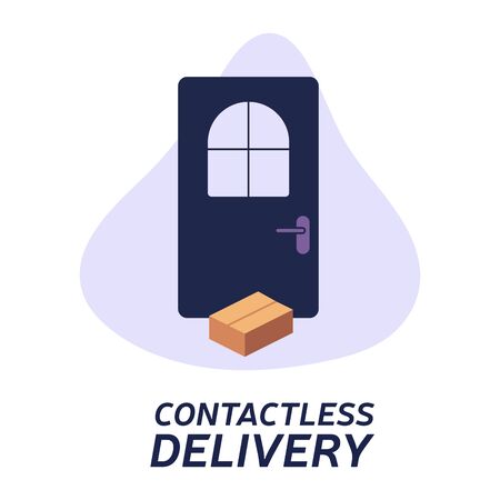 Contactless delivery left at the door during the quarantine. House entrance with delivered box. Control Epidemic Prevention measures of coronavirus. Vector Illustrationのイラスト素材