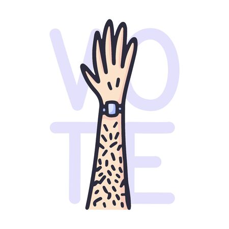 Raised hand up and text to vote. The male hairy hand is made in a doodle-style vector illustration. のイラスト素材