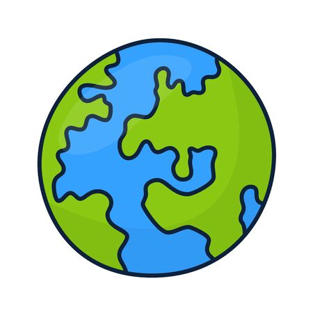 Planet Earth icon vector illustration isolated on white background. Cartoon flat Doodle line illustration.のイラスト素材