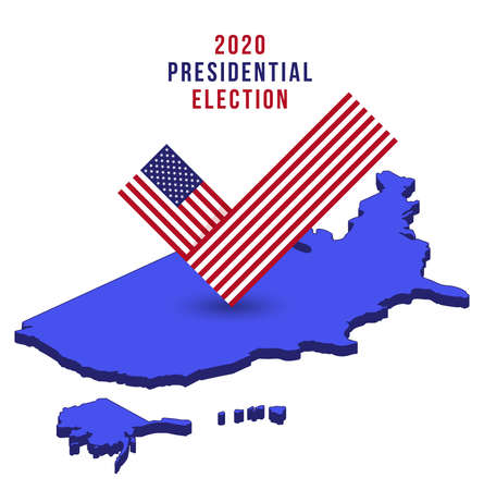 Flag Check mark Vote 2020 in USA on isometric map vector design. American patriotic election day. Election voting poster. Flyer vector blue red white logo. Vector illustrationのイラスト素材