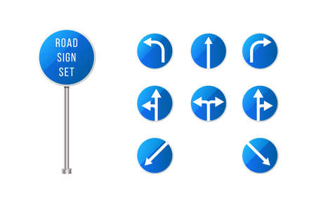 European road signs set. Blue rounded road sign set with arrows. Pointer signs set.のイラスト素材