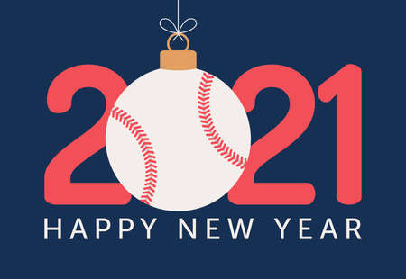 2021 Happy New Year vector illustration. Flat style Sports greeting card with baseball ball on the blue background. Vector illustration.のイラスト素材
