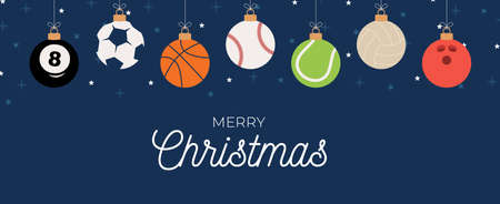 Sport Christmas greeting card. Christmas card with sport baseball, basketball, football, tennis, cricket, soccer, volleyball, bowling, billiard balls hang on a thread. Vector illustration.のイラスト素材