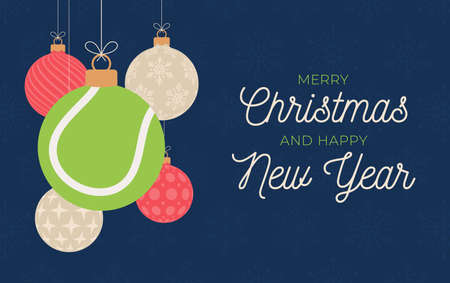 Tennis holiday banner. Merry Christmas and Happy New Year flat cartoon Sports greeting card. tennis ball as a Christmas ball on background. Vector illustration.のイラスト素材