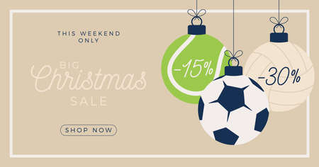 Sport Merry Christmas sale horizontal banner. Christmas card with sport volleyball, tennis and football balls hang on a thread on sand background with star. Flat and cartoon Vector illustrationのイラスト素材