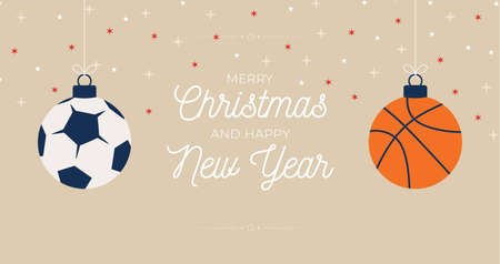 Sport Merry Christmas horizontal banner. Christmas card with sport basketbal and football balls hang on a thread on sand background with star. Flat and cartoon Vector illustration. Place for your textのイラスト素材
