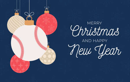 Baseball holiday banner. Merry Christmas and Happy New Year flat cartoon Sports greeting card. Baseball ball as a Christmas ball on background. Vector illustration.のイラスト素材