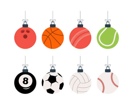 Sport Christmas balls set. Christmas set with sport baseball, basketball, football, tennis, cricket, soccer, volleyball, bowling, billiard balls hang on a thread. Vector illustration.のイラスト素材