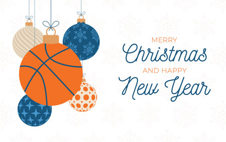 basketball holiday banner. Merry Christmas and Happy New Year flat cartoon Sports greeting card. basketball ball as a Christmas ball on background. Vector illustration.のイラスト素材