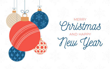 Cricket holiday banner. Merry Christmas and Happy New Year flat cartoon Sports greeting card. Cricket ball as a Christmas ball on background. Vector illustration.のイラスト素材