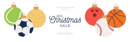 Sport Merry Christmas sale horizontal banner. Christmas card with sport baseball, basketball, football, tennis balls hang on a thread on white modern background. Vector illustration.のイラスト素材