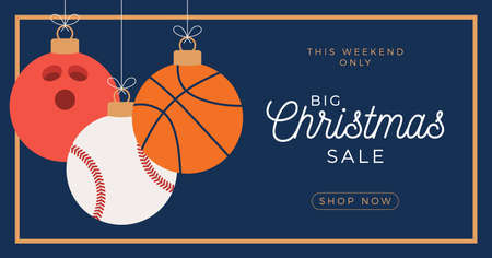 Sport Merry Christmas sale horizontal banner. Christmas card with sport basketbal, bowling and baseball balls hang on a thread on blue background. Flat and cartoon Vector illustrationのイラスト素材