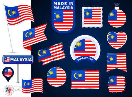 malaysia flag vector collection. big set of national flag design elements in different shapes for public and national holidays in flat style. Post mark, made in, love, circle, road sign, waveのイラスト素材