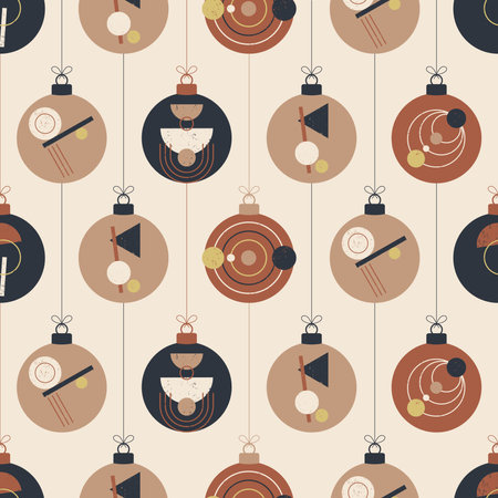 boho Christmas and New Year ball seamless pattern. retro Bohemian greeting cards Vector illustration with hanging christmas bauble in flat cartoon style. Sale or discount banner with xmas ballのイラスト素材