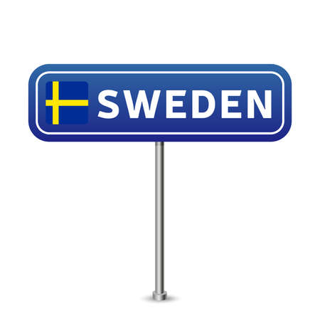 sweden road sign. National flag with country name on blue road traffic signs board design vector illustration.のイラスト素材