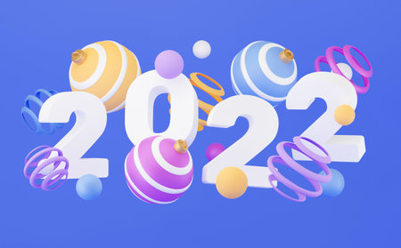 2022 new year banner. 3d render, abstract colorful geometric background, multicolored balls,...