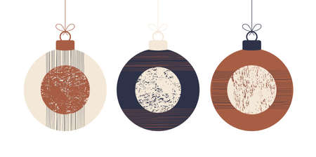 Doodle boho Christmas concept balls Set. decoration Toys with tassels, fringe isolated on white background. pastel and terracotta colors festive decoration. Vector New Year illustrationのイラスト素材