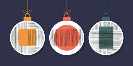 Set of decorative modern art Christmas balls isolated on blue background. New year Set of minimal 20s geometric design bauble, vector template with primitive shapes elementsのイラスト素材