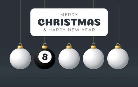 billiard Merry Christmas and Happy New Year Sport greeting card. billiard pool eight ball as a Christmas ball on color background. Vector illustration.のイラスト素材