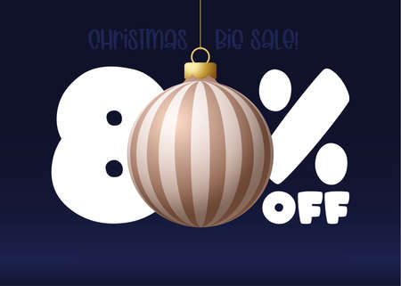 Merry christmas big Sale banner. Christmas Sale 80 percent off banner template with decorated ball hang on a thread. Happy new year and xmas Vector illustrationのイラスト素材