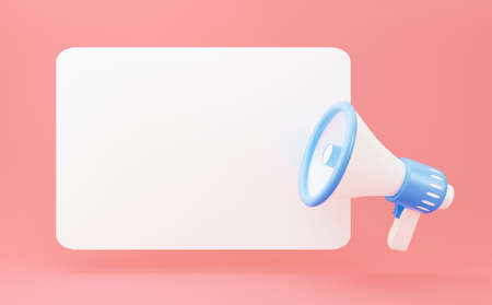 3d render megaphone on blank banner with copy space. Minimal cartoon style, amplifier communication concept with speech bubbleの写真素材