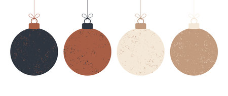 Doodle boho Christmas concept balls Set. decoration Toys with tassels, fringe isolated on white background. pastel and terracotta colors festive decoration. Vector New Year illustrationのイラスト素材