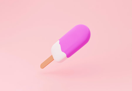 3d pink ice cream colorful popsicles melting on pastel pink backdrop. Creative idea of summer concept. Stock 3d rendering with copy space for textの写真素材