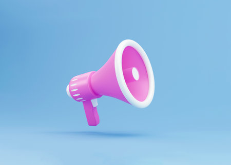 realistic 3d megaphone, loudspeaker minimal concept. Megaphone on blue background. 3d render illustrationの写真素材