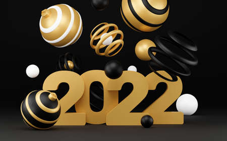 2022 new year abstract background with 3d spheres. black and gold Christmas luxury minimal concept....