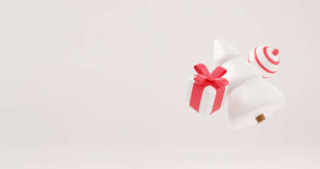 3d Christmas tree with gift box and ball white background, xmas poster, web banner. 3d illustration minimal style christmas and new year conceptの写真素材