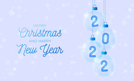 2022 Happy New Year. Blue number in glass bauble. Christmas Celebrate party 2022. Xmas Poster, banner, cover card, brochure, flyer, layout designのイラスト素材