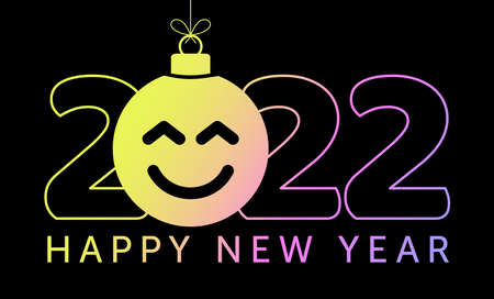 Greeting card for 2022 new year with smiling emoji face that hangs on thread like a christmas toy, ball or bauble. New year emotion concept vector illustrationのイラスト素材