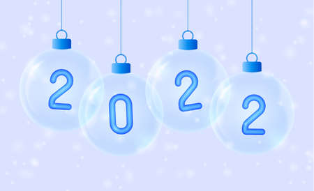 2022 Happy New Year. Blue number in glass bauble. Christmas Celebrate party 2022. Xmas Poster, banner, cover card, brochure, flyer, layout designのイラスト素材