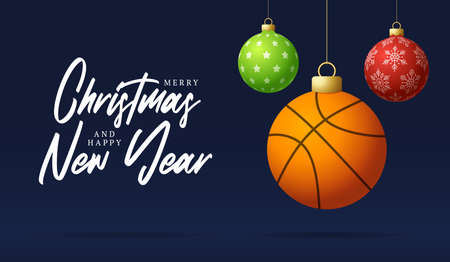 basketball Merry Christmas and Happy New Year luxury Sports greeting card. basketball ball as a Christmas ball on background. Vector illustration.のイラスト素材