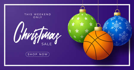 basketball Merry Christmas and Happy New Year luxury Sports greeting card. basketball ball as a Christmas ball on background. Vector illustration.のイラスト素材