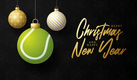 Tennis Merry Christmas and Happy New Year luxury Sports greeting card. Tennis ball as a Christmas ball on background. Vector illustration.のイラスト素材