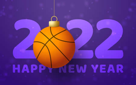 2022 Happy New Year. Sports greeting card with a basketball ball on the luxury background with snowflake. Vector illustration.のイラスト素材