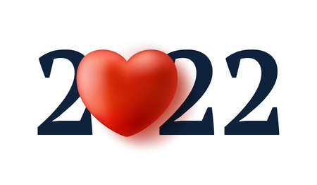2022 love new year illustration. Happy new year 2022 with realistic Heart Text Design. 3d concept...
