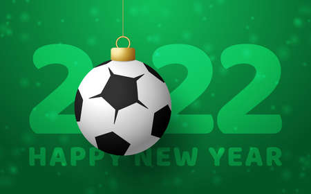 2022 Happy New Year. Sports greeting card with a soccer football ball on the luxury background with snowflake. Vector illustration.のイラスト素材