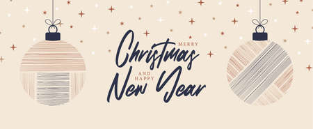 boho Christmas and New Year ball greeting card. retro Bohemian greeting cards Vector illustration with hanging christmas bauble in flat cartoon style. Sale or discount banner with xmas ballのイラスト素材