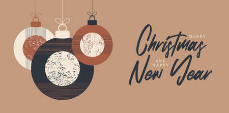 boho Christmas and New Year ball greeting card. retro Bohemian greeting cards Vector illustration with hanging christmas bauble in flat cartoon style. Sale or discount banner with xmas ballのイラスト素材