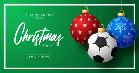 soccer Merry Christmas and Happy New Year luxury Sports greeting card. football ball as a Christmas ball on background. Vector illustration.のイラスト素材
